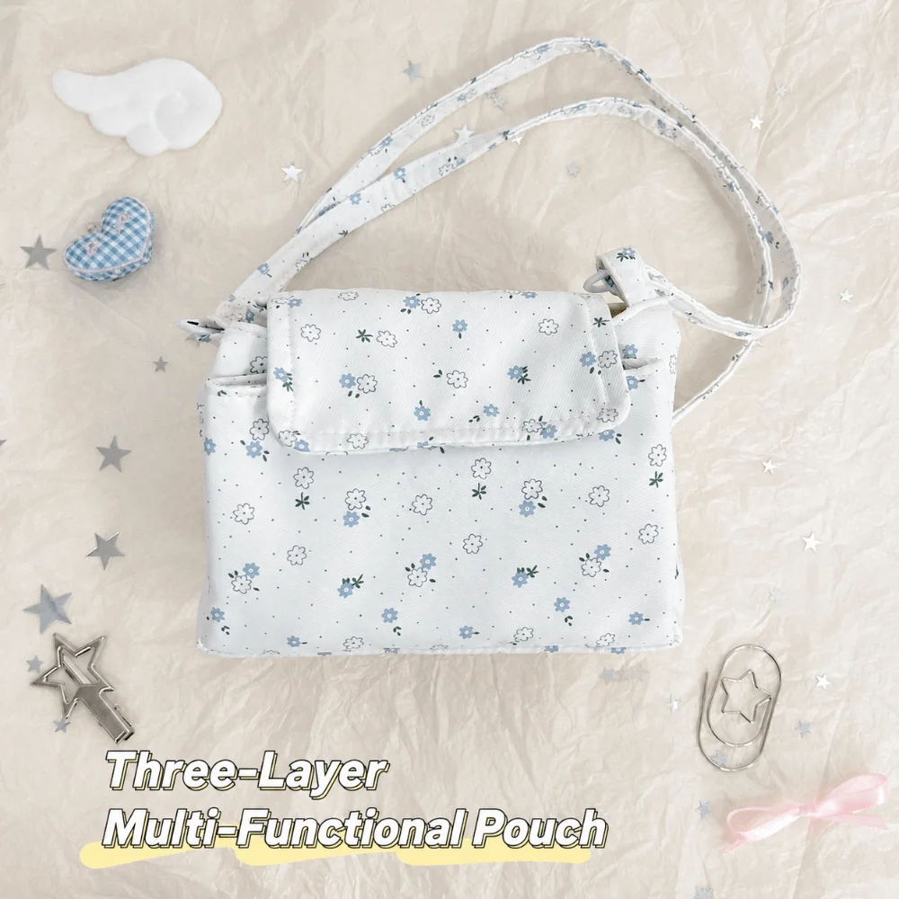 Canvas Crossbody Bag White Floral Print with Detachable Shoulder Strap Storage Bag Multi Compartment Large Capacity Makeup Bag