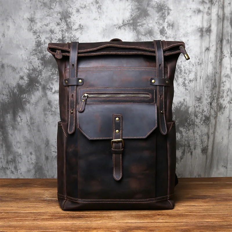 NZPJ Vintage-Rucksack aus echtem Leder für Herren, Crazy Horse-Leder, Computertasche, natürliche Oberschicht aus Rindsleder, Rucksack, Reisetasche – Detail 6