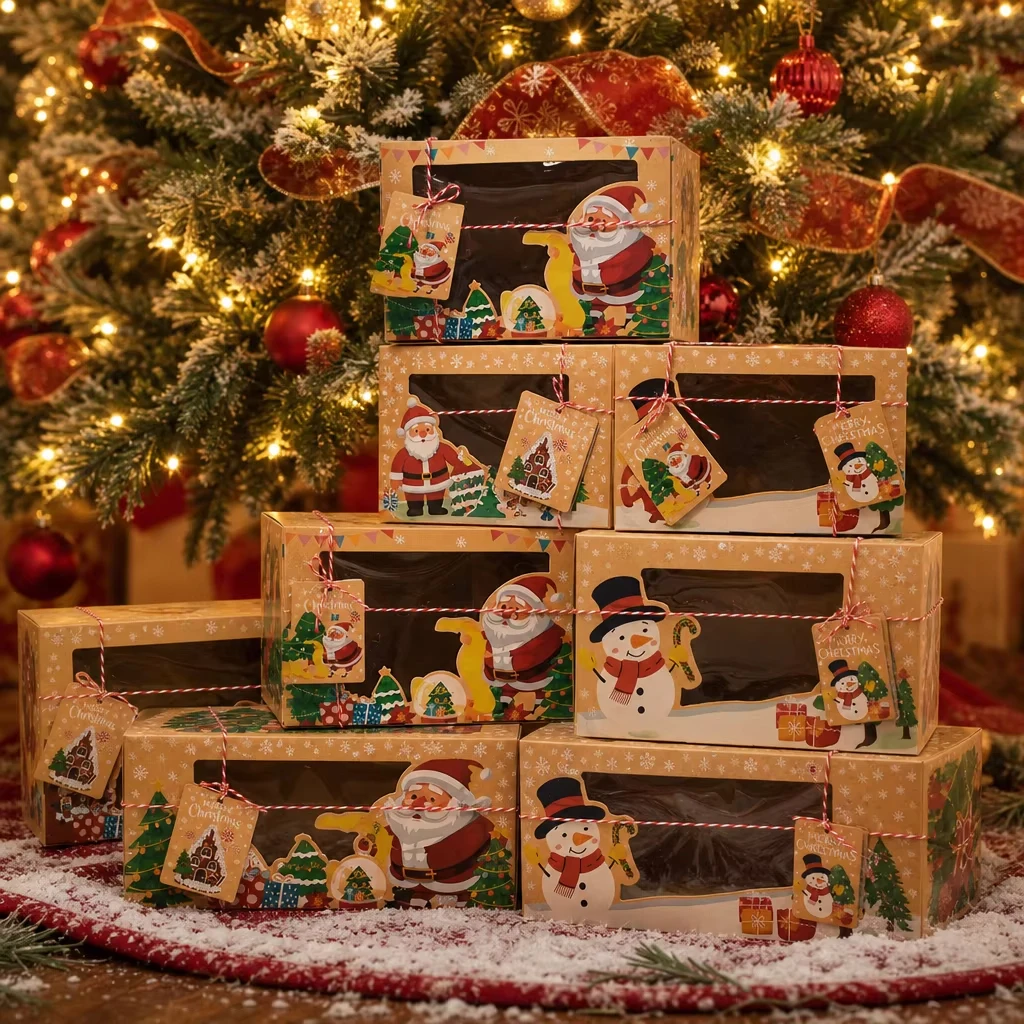 Cajas de regalo navideñas de estilo vintage, hechas de papel kraft, con una ventana transparente, con diseños variados de Papá Noel, ideales para envolver galletas, caramelos y como obsequios para fiestas navideñas.