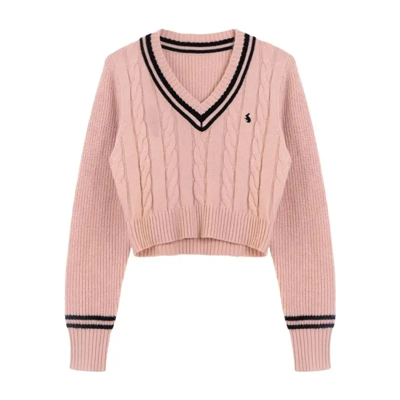 HOUZHOU Korean Vintage Sweaters Autumn Old Money Style Women V-neck Embroidery Knitted Top Winter Preppy Long Sleeve Pullovers