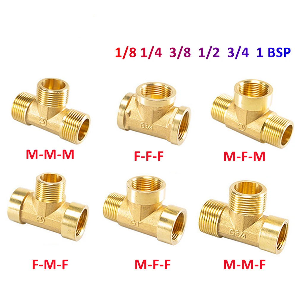 Pneumatic Plumbing Brass Pipe Fitting Male/Female Thread 1/8 1/4 3/8 1/2 BSP Tee Type Copper Fittings Water Oil Gas Adapter