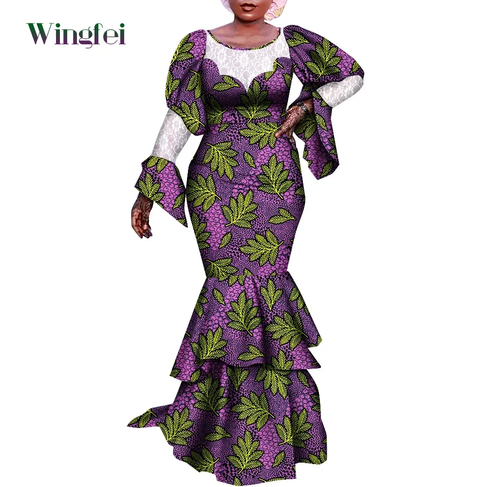 Fashion African Dresses for Women Elegant Dashiki Party Women Dress Flare Sleeve Multi-layered Maxi Long Dress WY9496