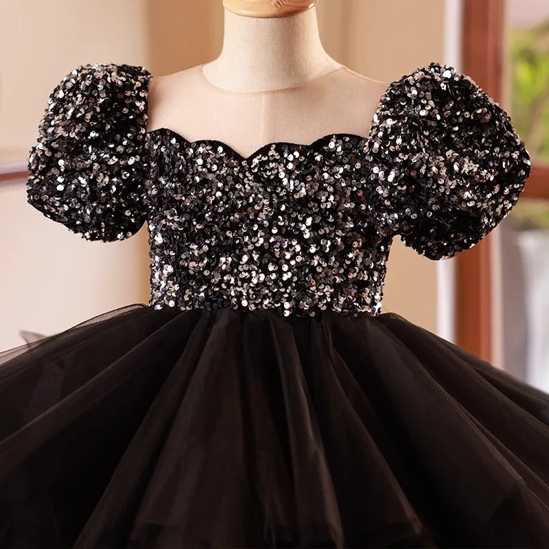 Girls' Black Sequin Dress for First Birthday Princess Dress Children's Host Piano Performance Catwalk Singing Short Puffy Dress