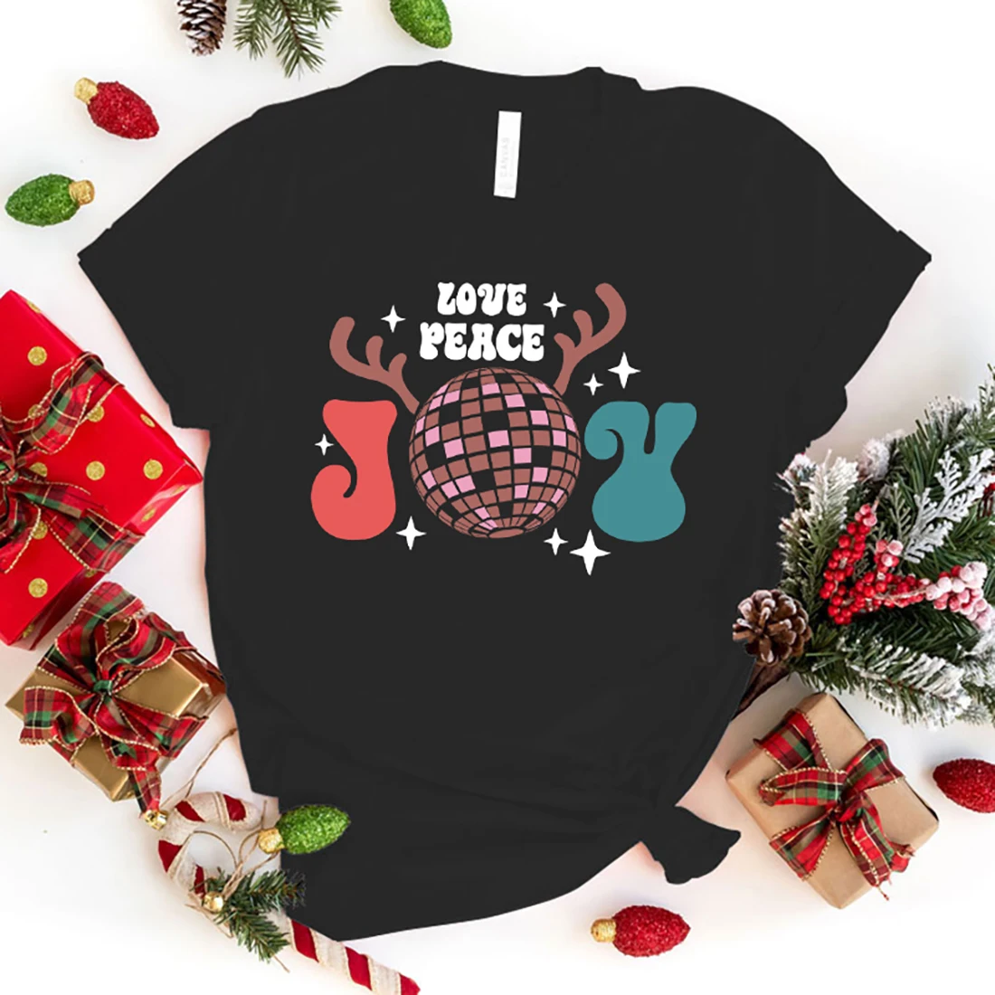 

Funny Christmas Love Peace Joy Print T-Shirt Letter Print T Shirt Women Men Short Sleeve Loose Shirts