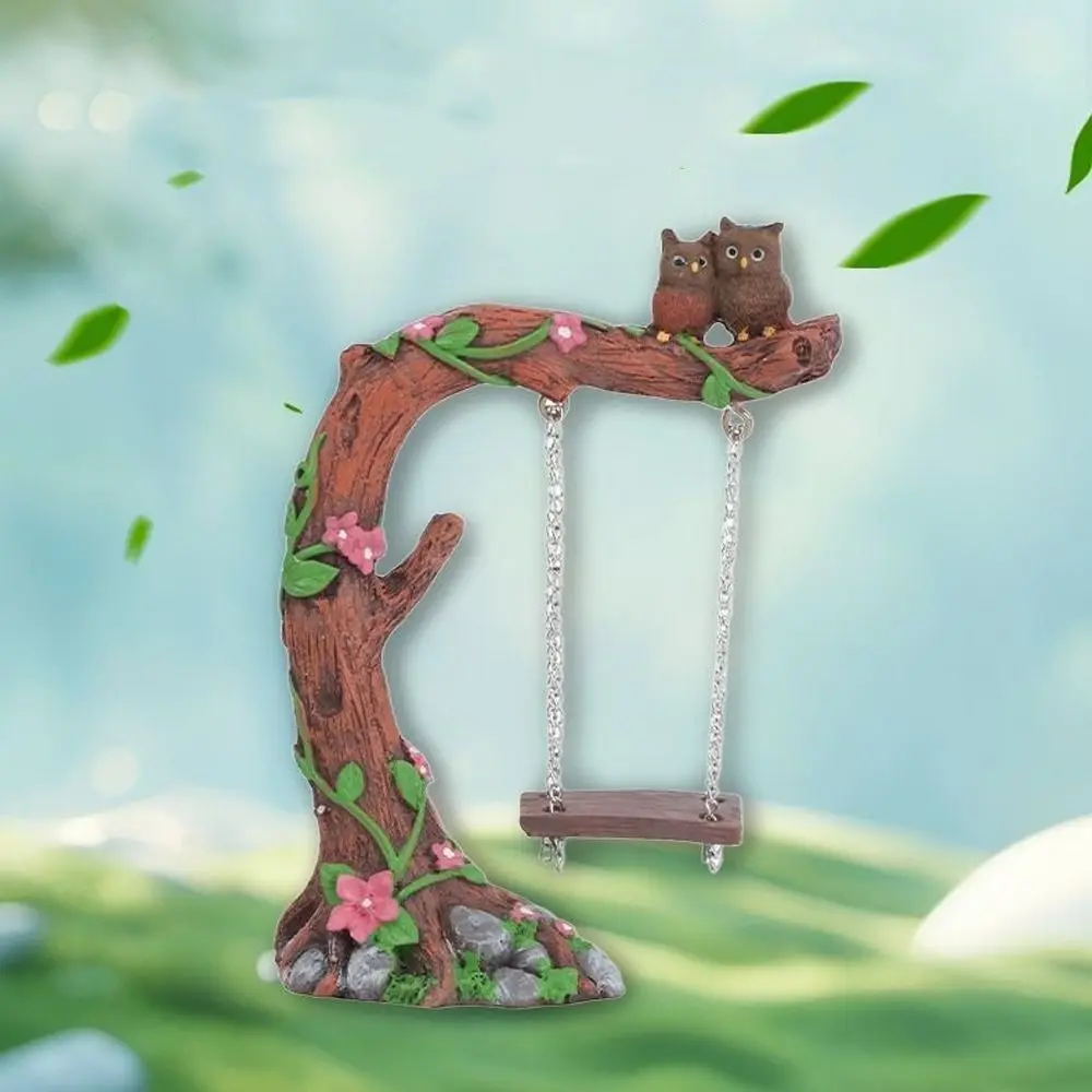 

Durable Cute Garden Owl Swing Statue Resin Crafts Funny Mini Swing Figurine Handmade Owl Stump Ornament Home