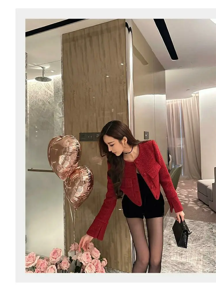 Autumn Red Round Neck Fragrant Style Jacket Women Retro Single Breasted Long Sleeved Coats