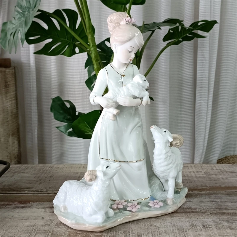 Antique Porcelain Farm Girl Statuette Creamic Village Child Sculpture Goat Ornament Home Shelving Craft Decor Present for Mother