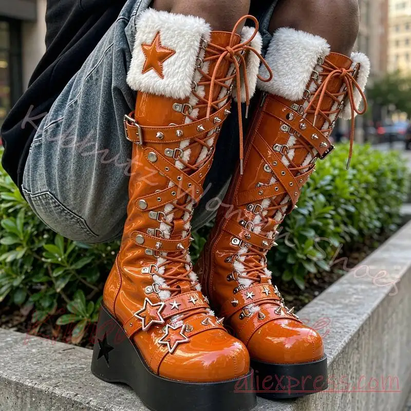 Furry Cuff Platform Boot Knee High Women Lace Up Rivet Star Fluff Lined Gothic Elegant Winter Punk Fashion Footwear Elegant Sexy