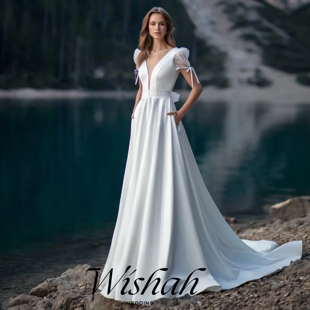 Wishah Customized Weeding Dress Elegant Deep V-neck Short Sleeve Backless Pockets Bows Sheath A-line Long Vestido De Novia 2027
