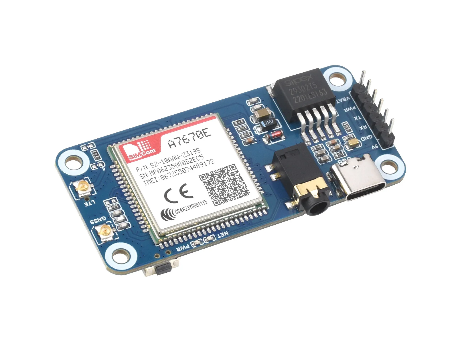 A7670E Cat-1/GNSS HAT,Cat-1/GSM/GPRS/GNSS HAT for Raspberry Pi, Based On A7670E module, LTE Cat-1 / 2G support, GNSS positioning