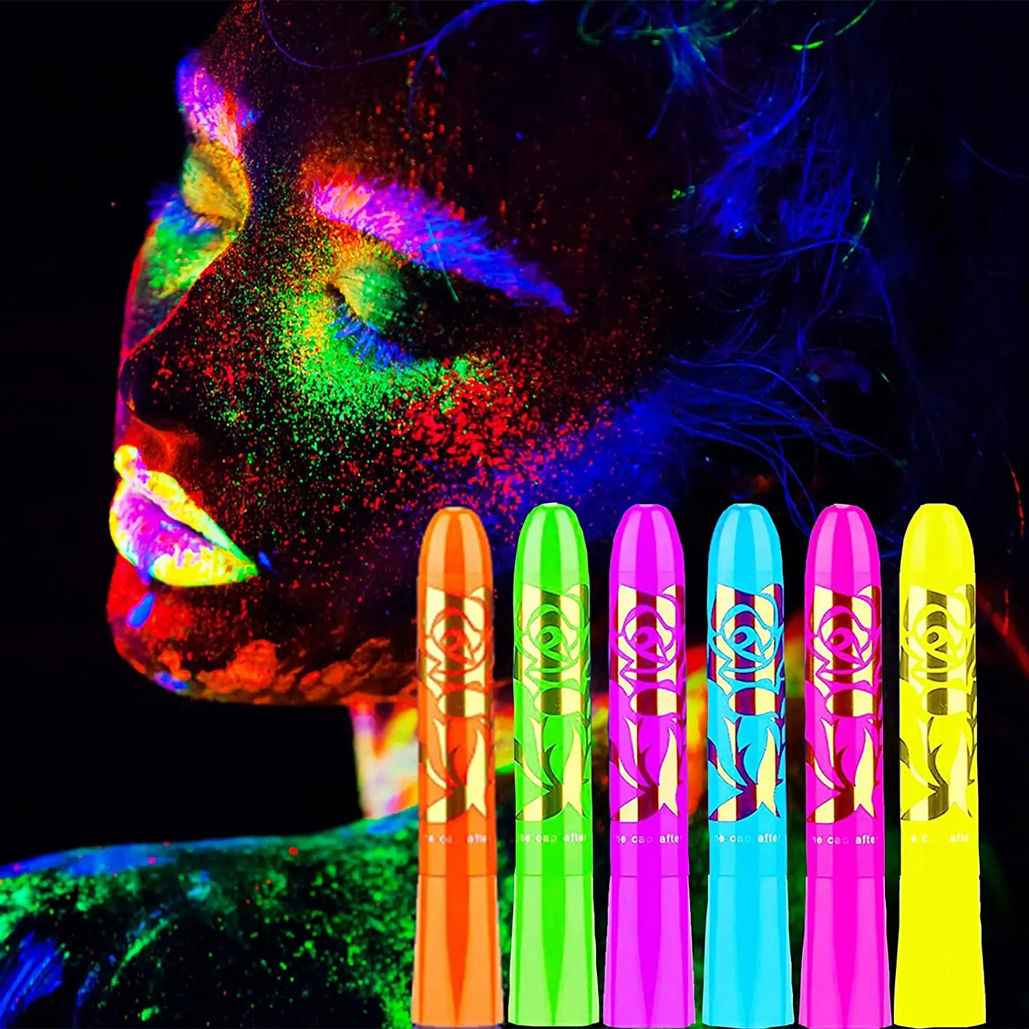 

6 Pcs Glow in The Black Light Body Face Paint UV Crayons Fluorescent Body Paints for Adults Party Halloween Face Painting Kit