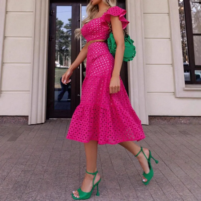 Fashion Hight Waist Solid 2 Pc Outfits Women Elegant Embroidery Hollow Skirt Set Sexy V-neck Short Sleeve Top & Half Skirt Suit