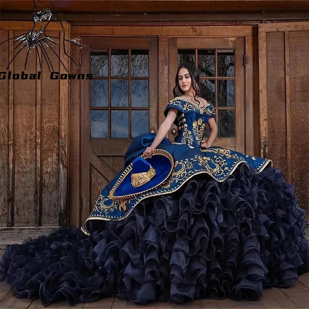 

Blue Charro Quinceanera Dresses Ball Gown Off The Shoulder Organza Appliques Beaded Mexican Sweet 16 Dresses 15 Anos Customized