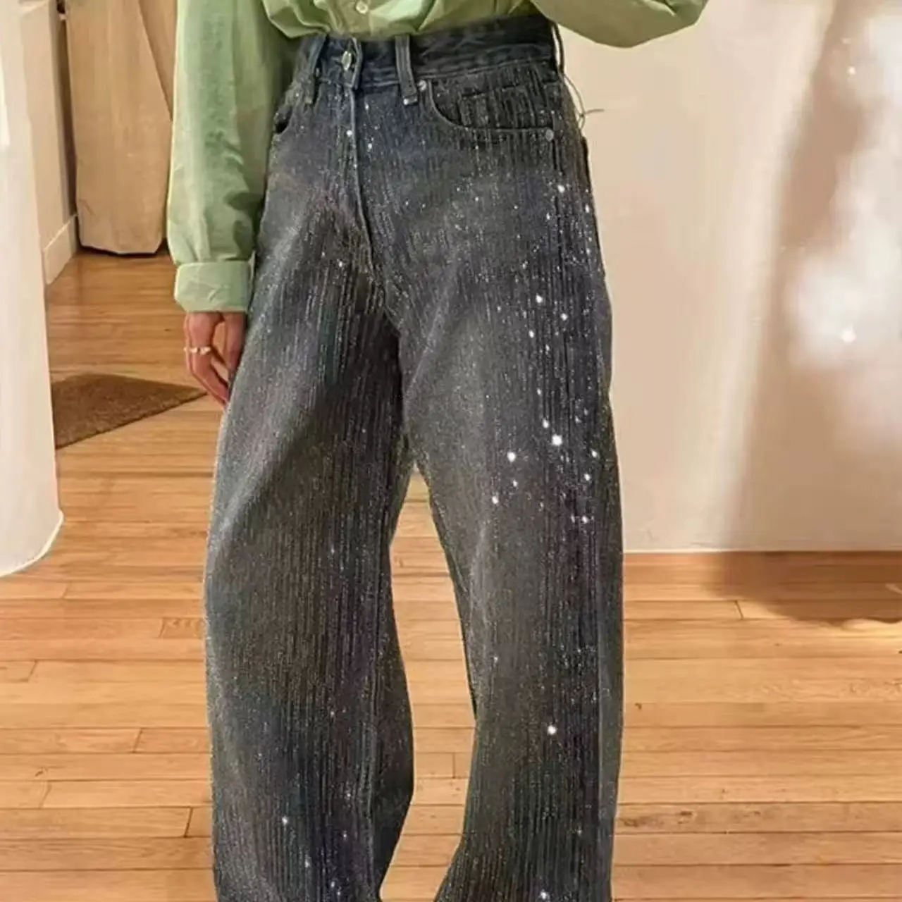 กางเกงยีนส์ขากว้างสไตล์สตรีทแฟชั่นสำหรับผู้หญิง แบรนด์ใหม่ ฤดูใบไม้ผลิ/ฤดูใบไม้ร่วง ประดับด้วยงานปัก