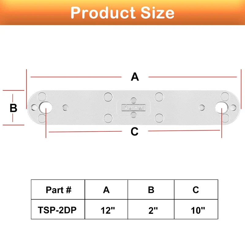 TSP-2DP Marine Transom Support Plate Fits Lower Bolt Holes, 12" x 2", 10" Bolt Hole Pattern