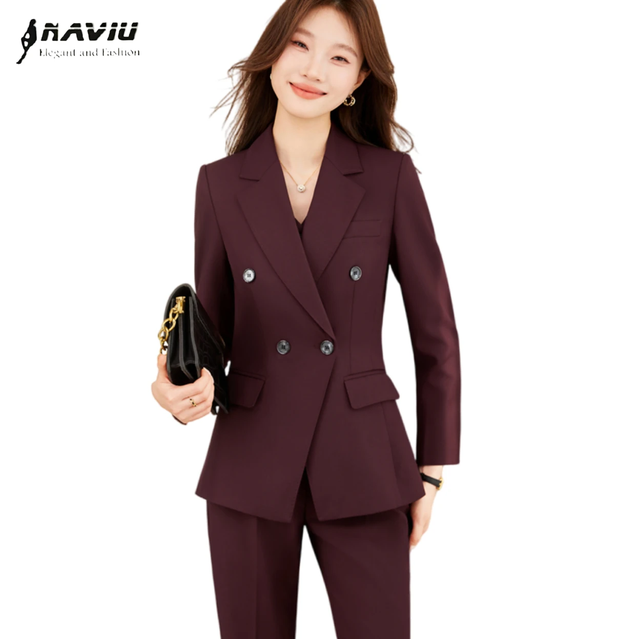 

NAVIU Новый модный костюм-двойка для женщин: элегантный двубортный пиджак с длинным рукавом и брюки, офисная деловая одежда для женщин