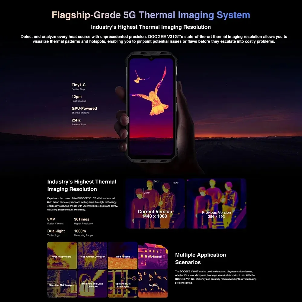 Doogee-Smartphone robuste V31, téléphone portable 5G, 12 Go + 256 Go, 6.58 ", Android 13, imagerie thermique, Octa Core, 50MP, 10800mAh, 66W