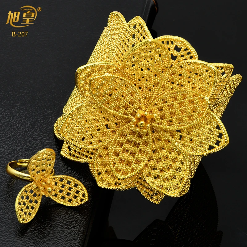 

XUHUANG Dubai Flower Shape Plated Gold Bangles with Ring Indian Arabic Charm Jewelry Bangles Nigerian Wedding Bridal Party Gifts