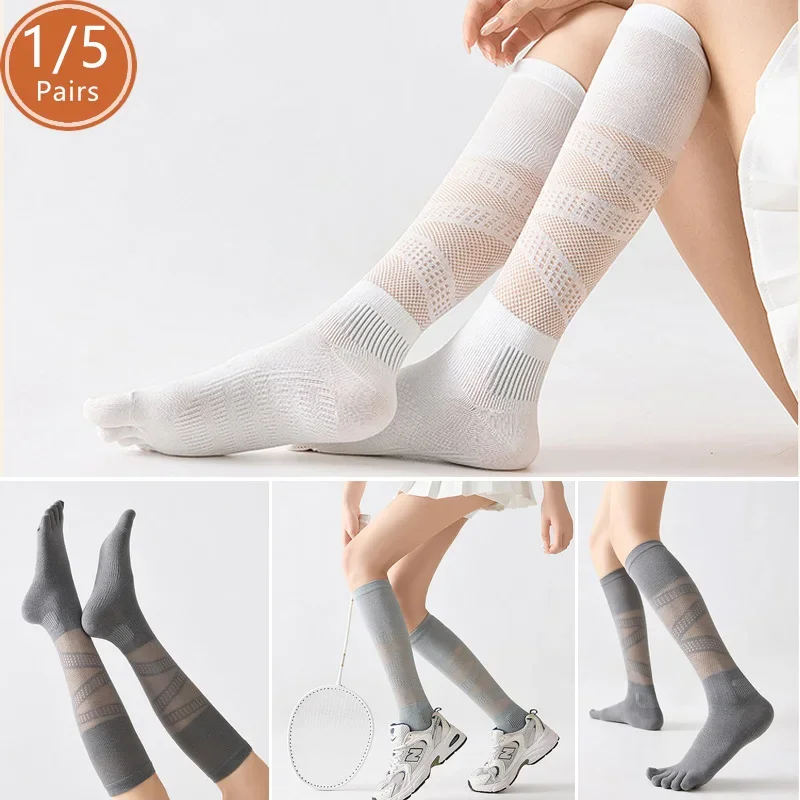 1/5 Pairs Women Stockings Compression Five Finger Socks Sport Fitness Breathable Mesh Thin Below Knee High Tube Toe Socks Long