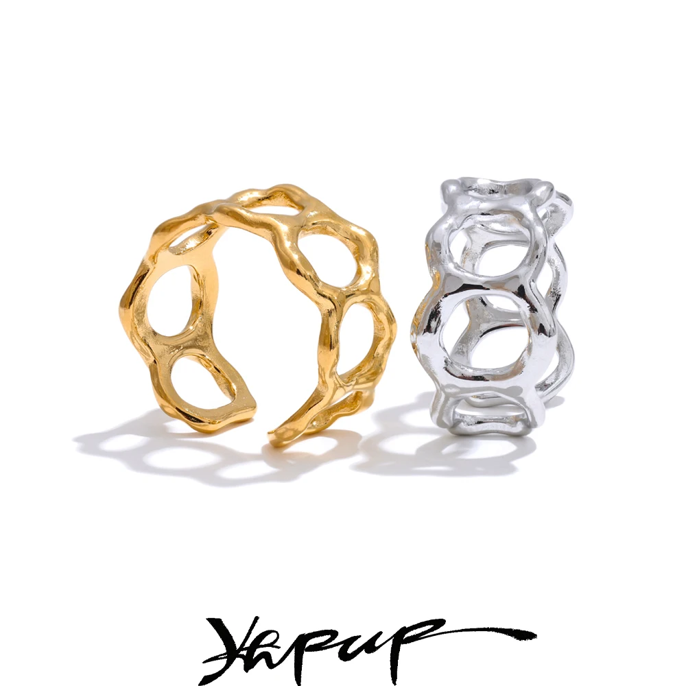 Yhpup Adjustable Rust Proof Stainless Steel Geometry Hollow Open Fashion Ring 18K PVD Plated Metal Arrivals Chic Finger Jewelry
