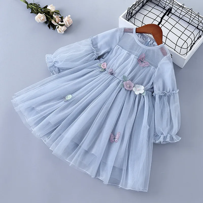 2-8 Years High Quality Spring Autumn Girl Dress New Lace Chiffon Floral Draped Ruched Kid Children Clothing Girl Princess Dress