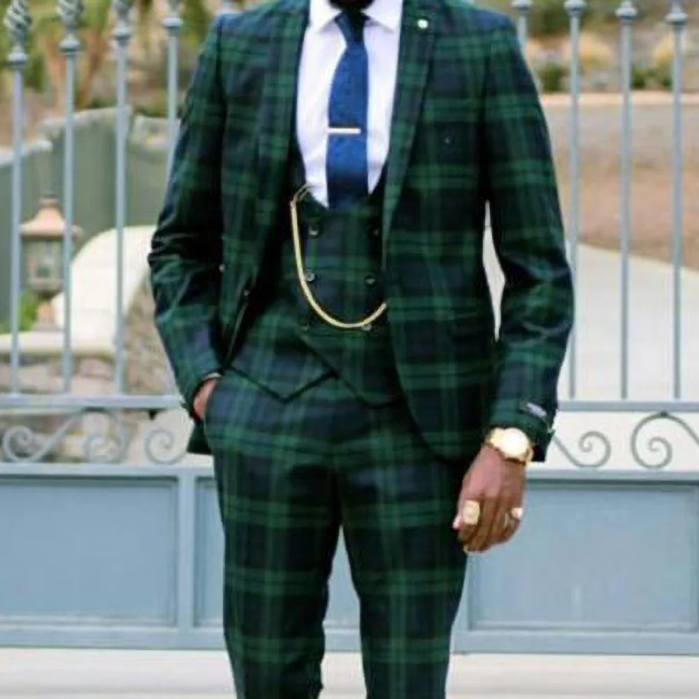 Vintage 3 Pieces Mens Suit Jacket Pant Vest Dark Green Plaid Custom Made Formal Suits Wedding Tuxedos Business Groom Wear 2023