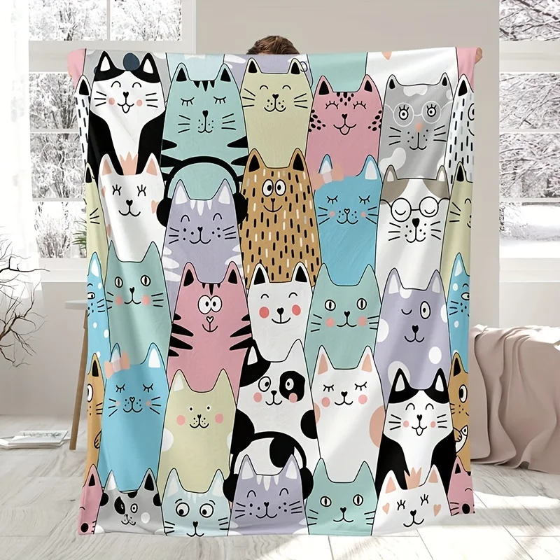 

Cute Cartoon Cat Print Flannel Blanket Soft Warm Throw Blanket Nap Blanket For Couch Sofa Office Bed Gift Blanket For All Season