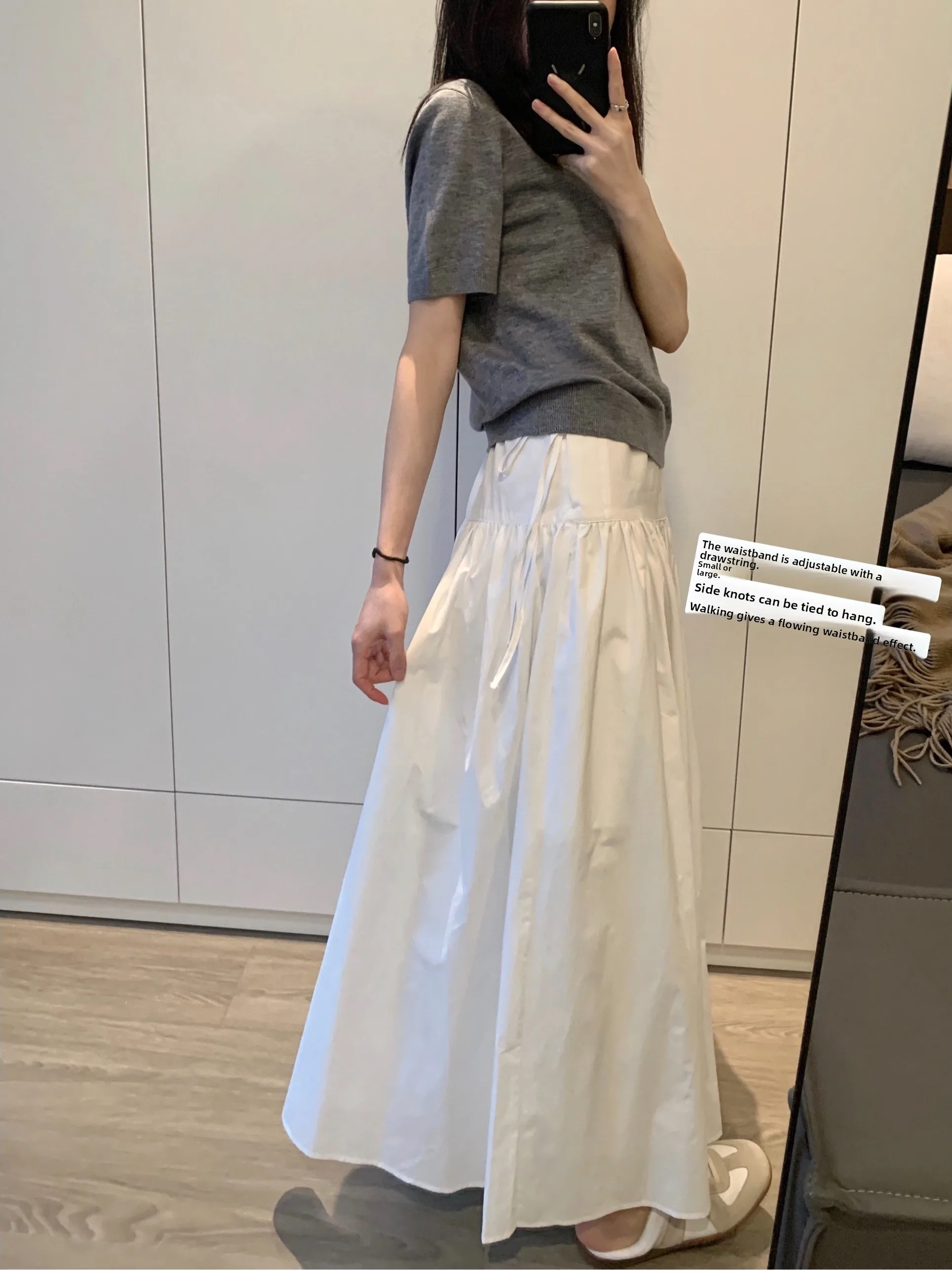 High Waist Midi White Pleated Skirt Drawstring Design Commute Cotton Blend A-Line Skirt Comfortable Fit Summer Brand Outlet