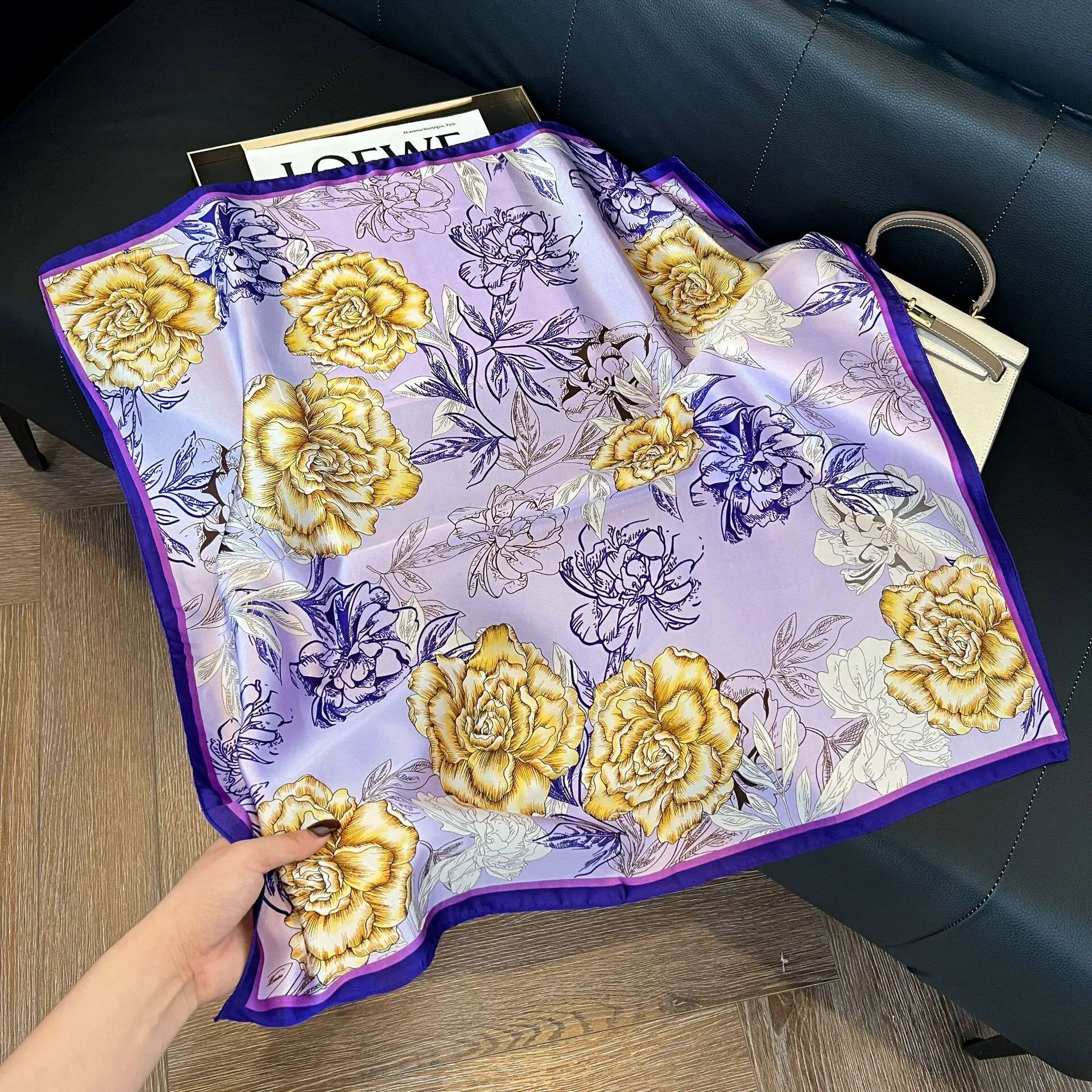 

Purple Rose Print Scarf 70, Faux Silk Premium Square Scarf, Summer Thin Wrap, Versatile Neckerchief, Hair Bandana for Women