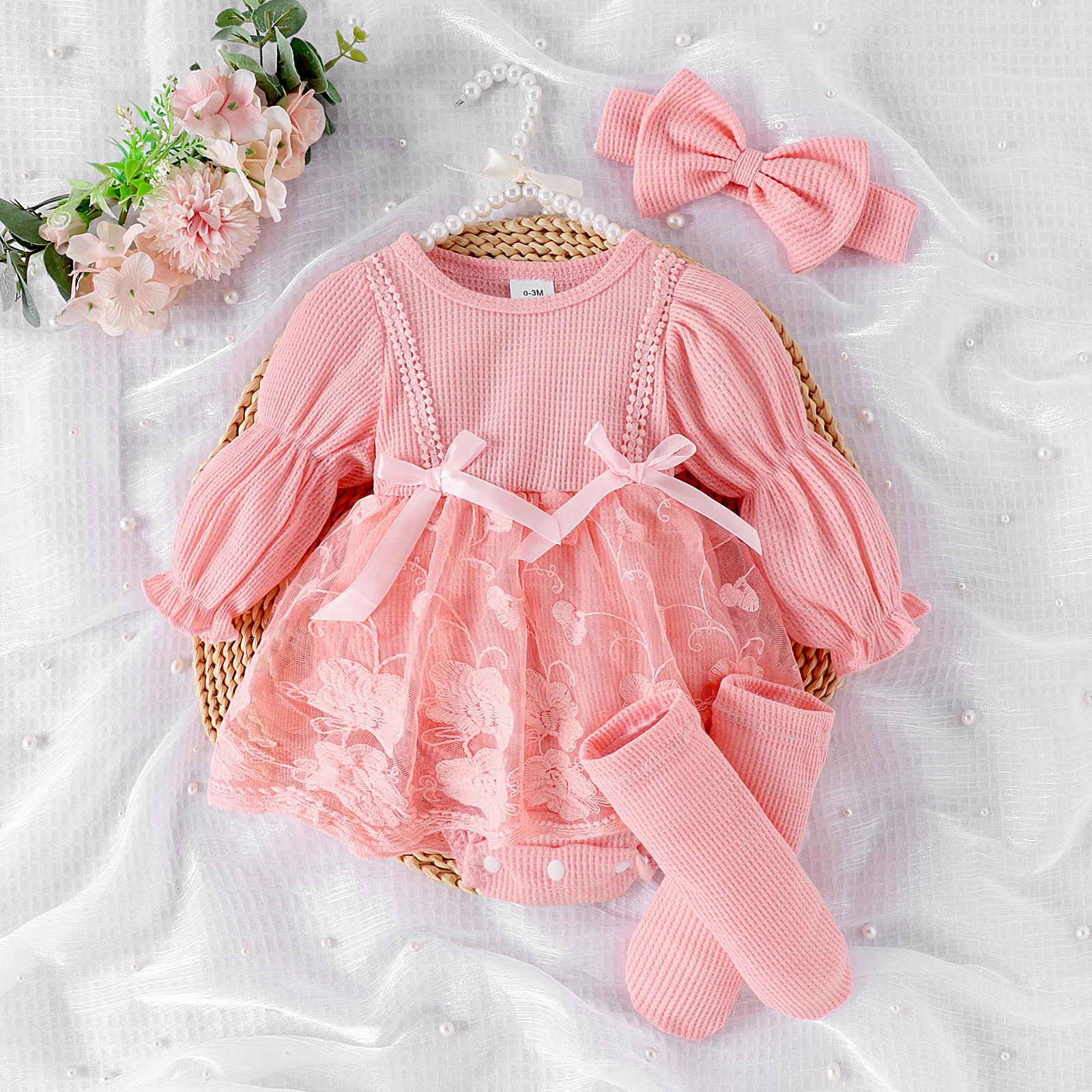 2PCS Autumn 0-1 Year Old Girl Baby Sweet And Cute Long-Sleeved Clothes Mesh Skirt + Hair Band + Socks