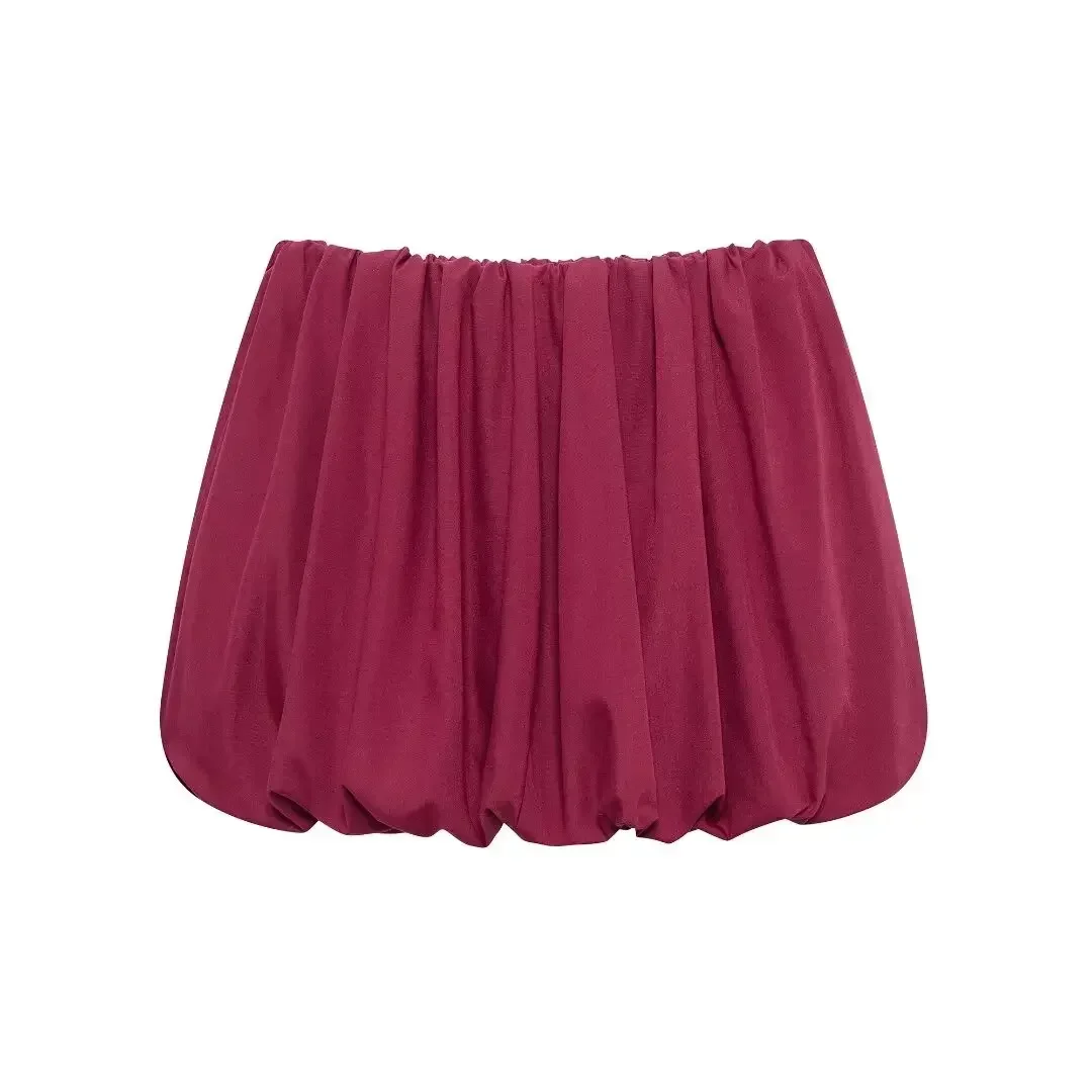 Women's new fashion two-piece style balloon version casual Versatile solid pleated mini skirt retro high waisted women's skirt