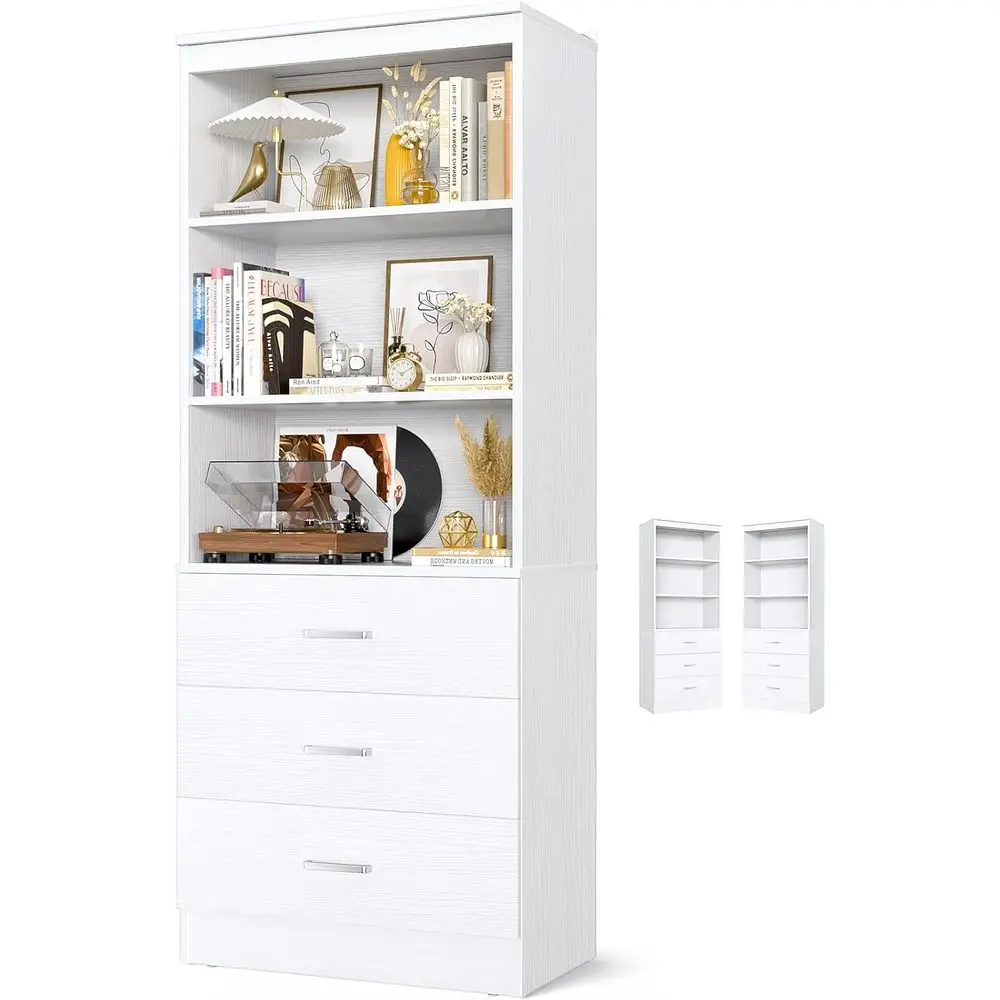 6-Tier White Wooden Bookshelf with Open Shelves for Living Room and Home Office Storage