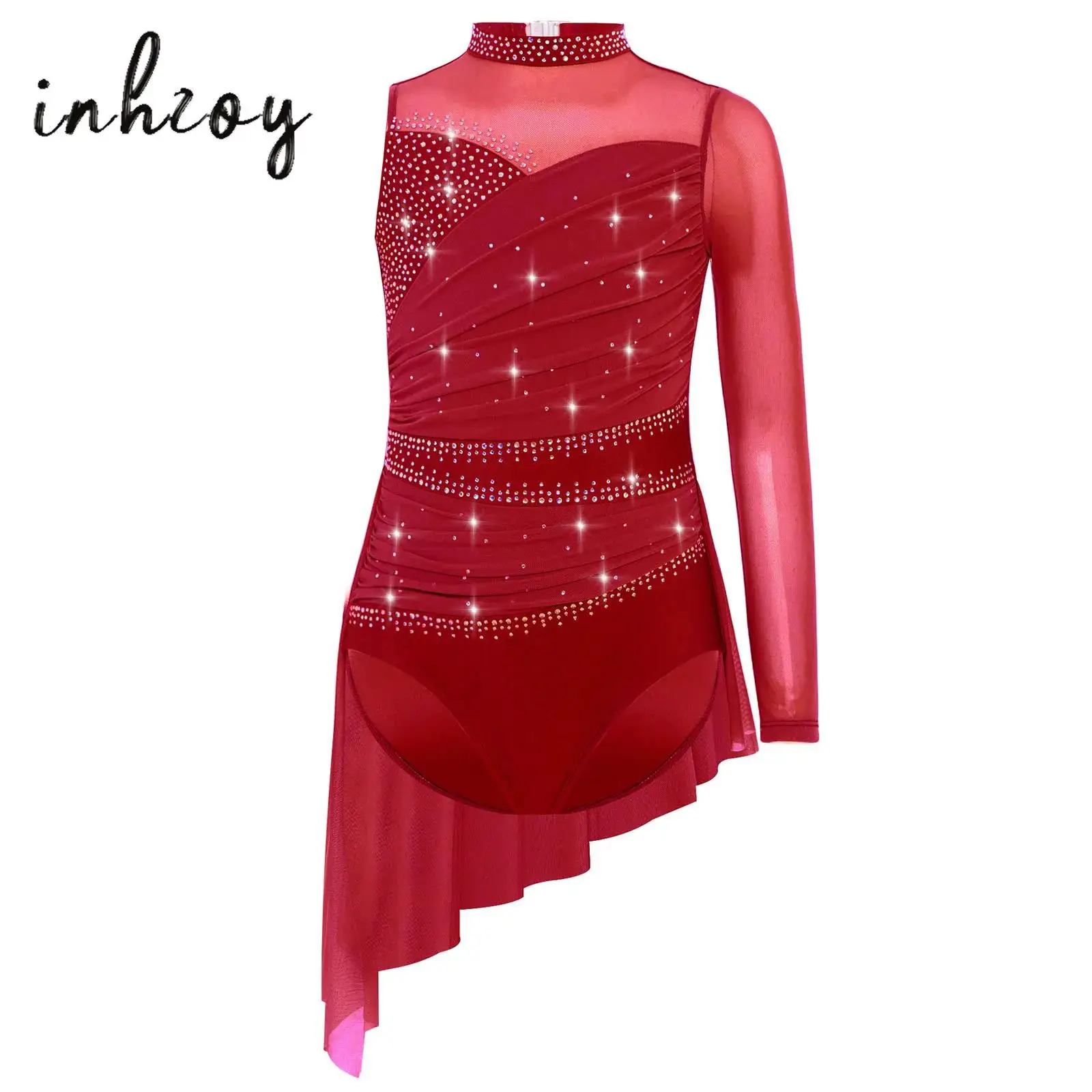 

Girls Lyrical Ballet Dance Leotard Dress Figure Skating Costume Asymmetrical Shiny Rhinestones Ruched Mesh Skirted Overlay Dress