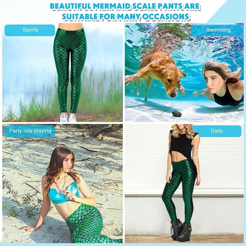 Women\'s Mermaid Legging In Shiny Green Fish Scale Design High Waisted Stretch Pants For Casual And Party Wear