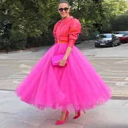 Hot Pink Puffy Tulle Maxi Skirt for Women Elastic Waist 7 Layers Mesh Lush Long Skirt A Line Female Evening Party Skirts Custom