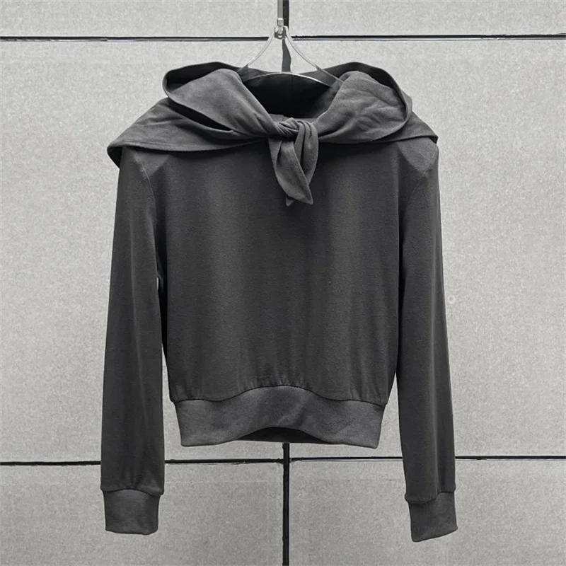 

Женская толстовка с капюшоном, новинка зимы 2025, облегающий топ с длинными рукавами и подкладкой на плечах, высококачественный льняной пуловер с капюшоном, толстовки
