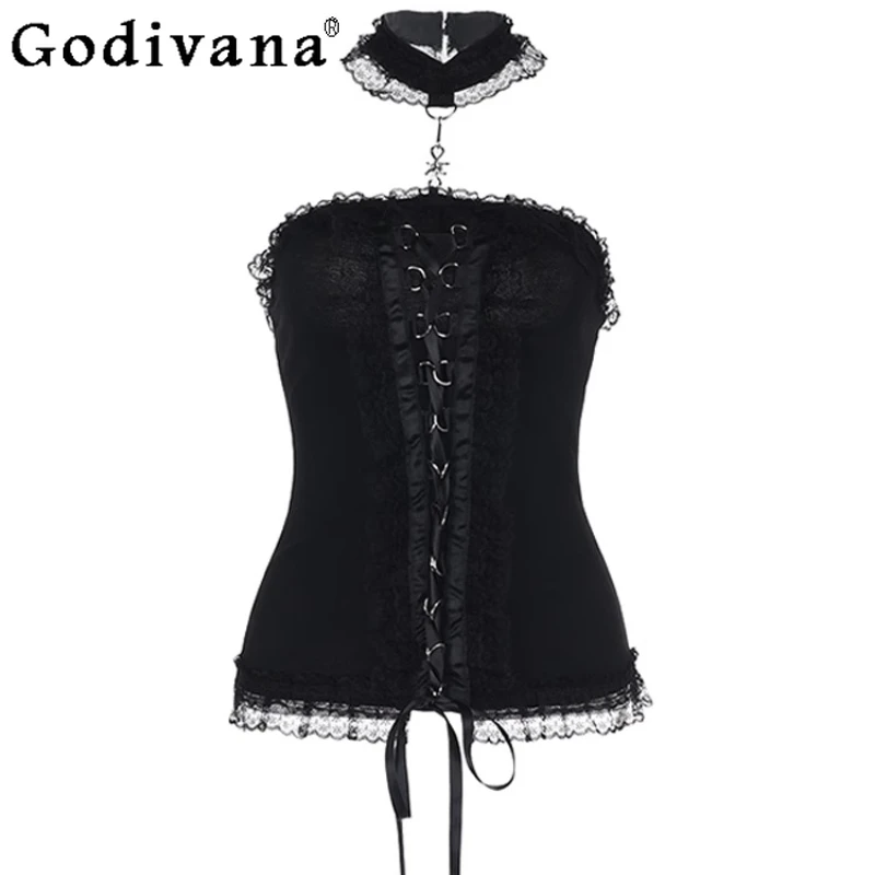

European American Sexy Lace Lace-up Necklace Collar Strapless Temperament Top Personalized Street Girl Black Versatile Tops