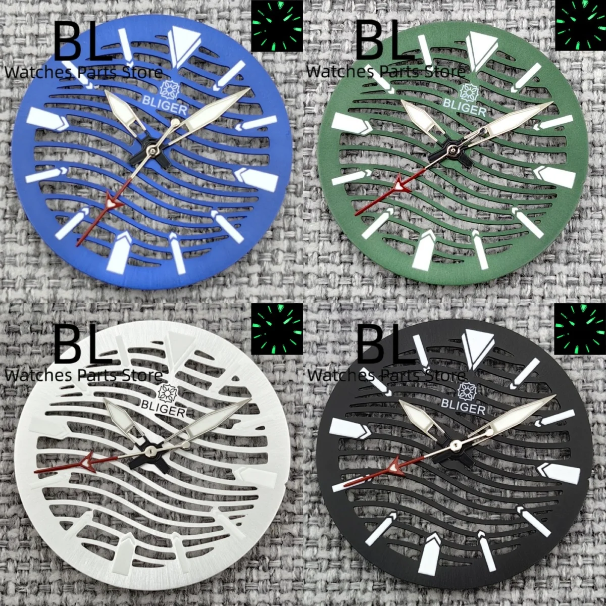 BLIGER Watch Parts New Hollow-out Watch Dial And Skeleton Hands Fit 29mm Black Silver Blue Green Dial C3 Luminous Fit NH70 NH72