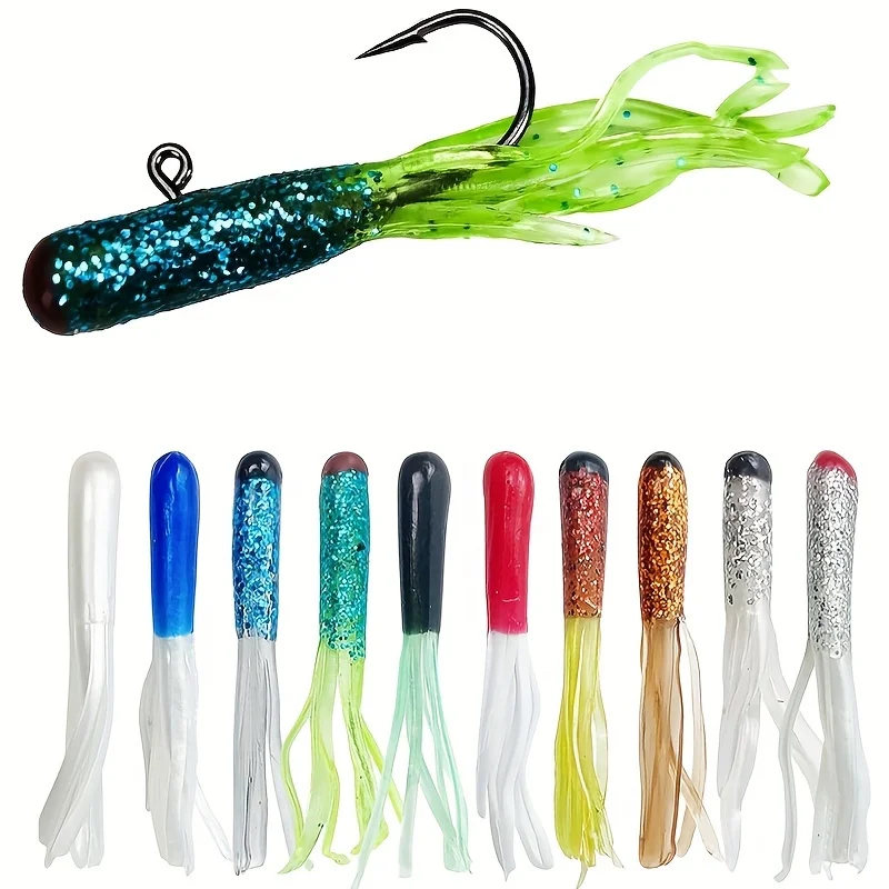 Tube Lure Tube Jig Head, Pre-rigged Tube Lure Soft Plastic Fishing Grub Worm, Tube Lure Hook Bait Tackle for Bass Trout Freshwat