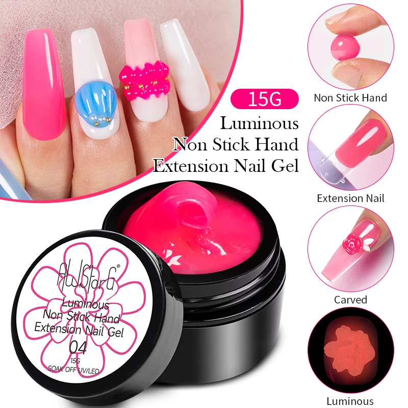 AWStorG 15g Neon Luminous Non Stick Hand Extension Nail Gel Soak Off UV LED Semi-Permanant Carving Flower Nail Art Varnish