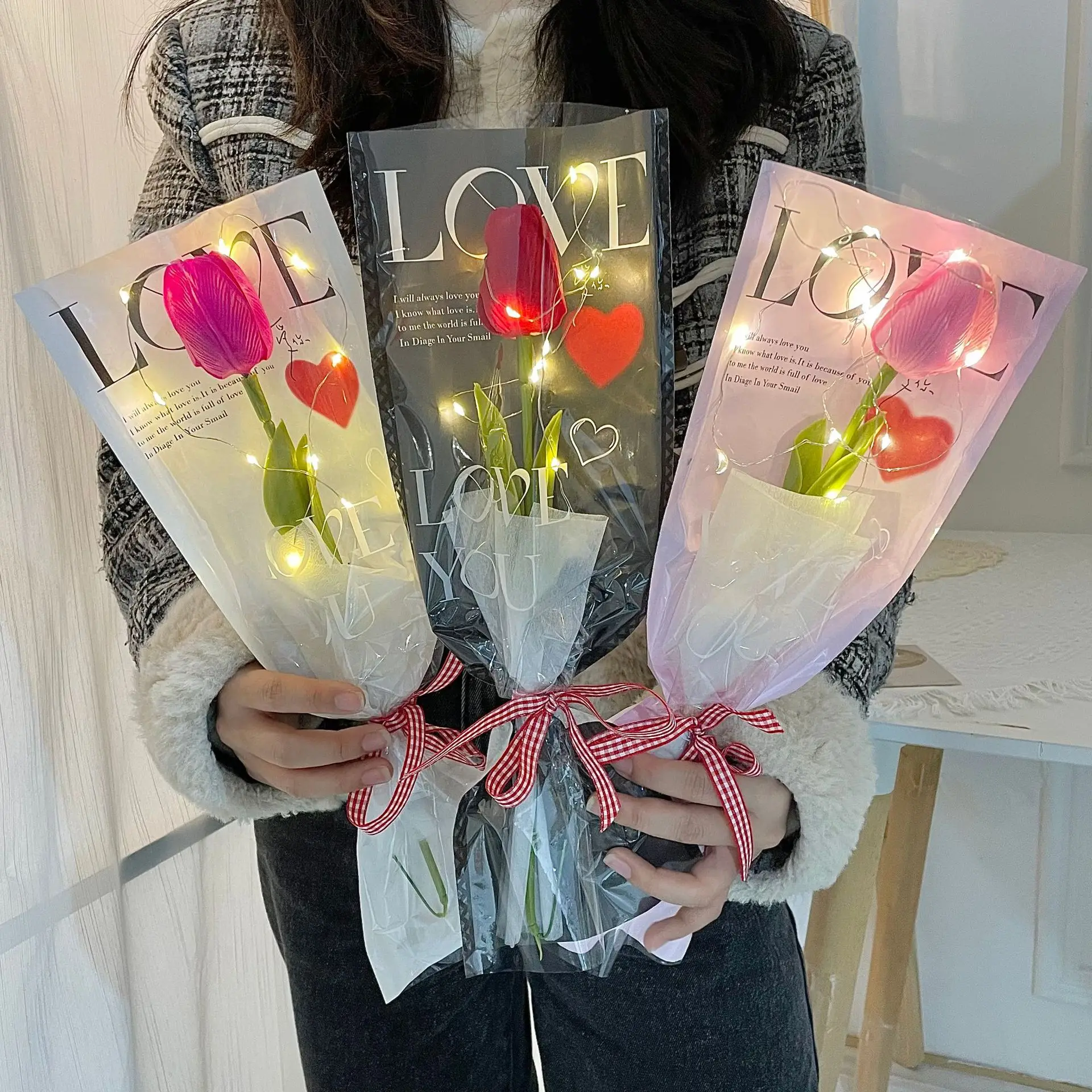 LED Glowing Rose Simulation Tulip With String Lights For Christmas Anniversary Birthday Valentine's Day Gift Artificial Flower