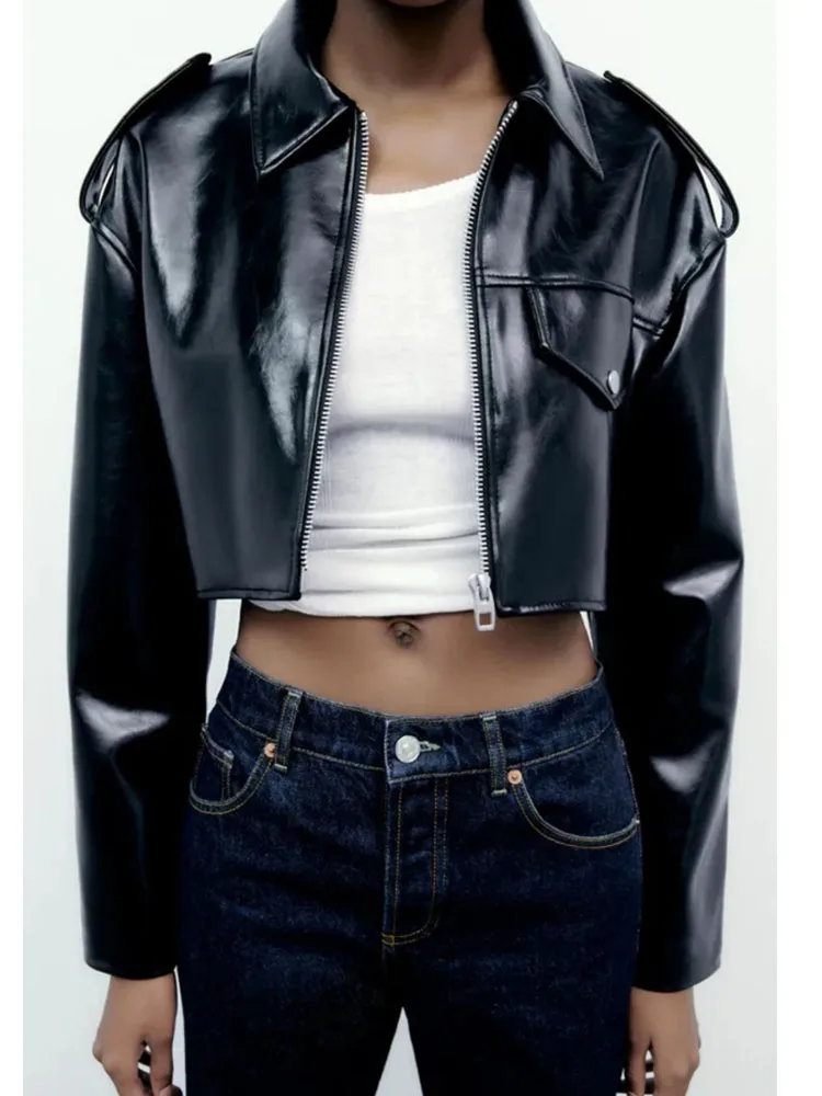 

Women's Sexy Short PU Jacket Casual Long Sleeve Black Loose Coat