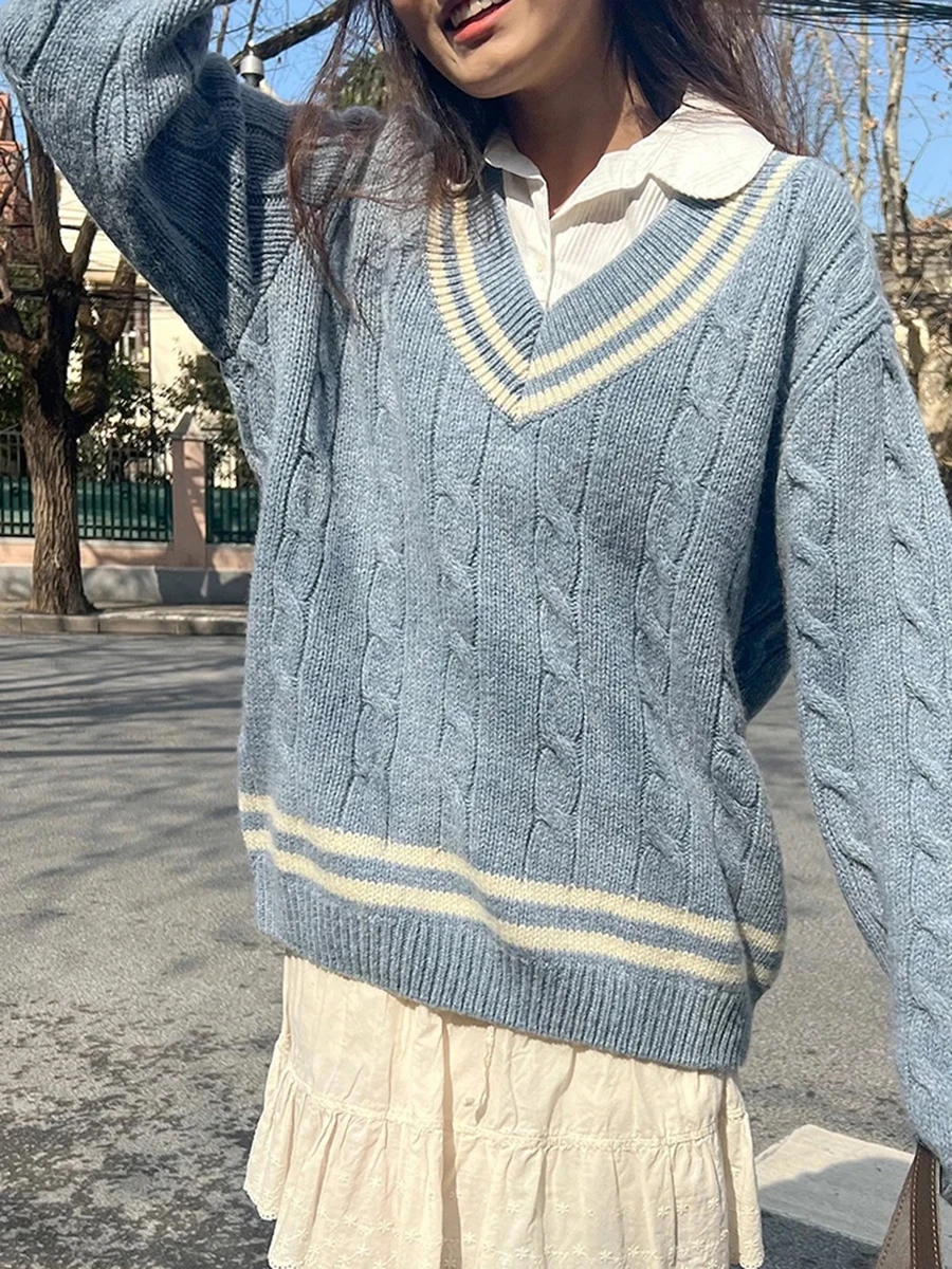 Vintage Striped Knit V-neck Sweater Women Autumn New Cotton Warm Preppy Style Streetwear Pullover Top Sweet Cute Chic Jumper Y2K