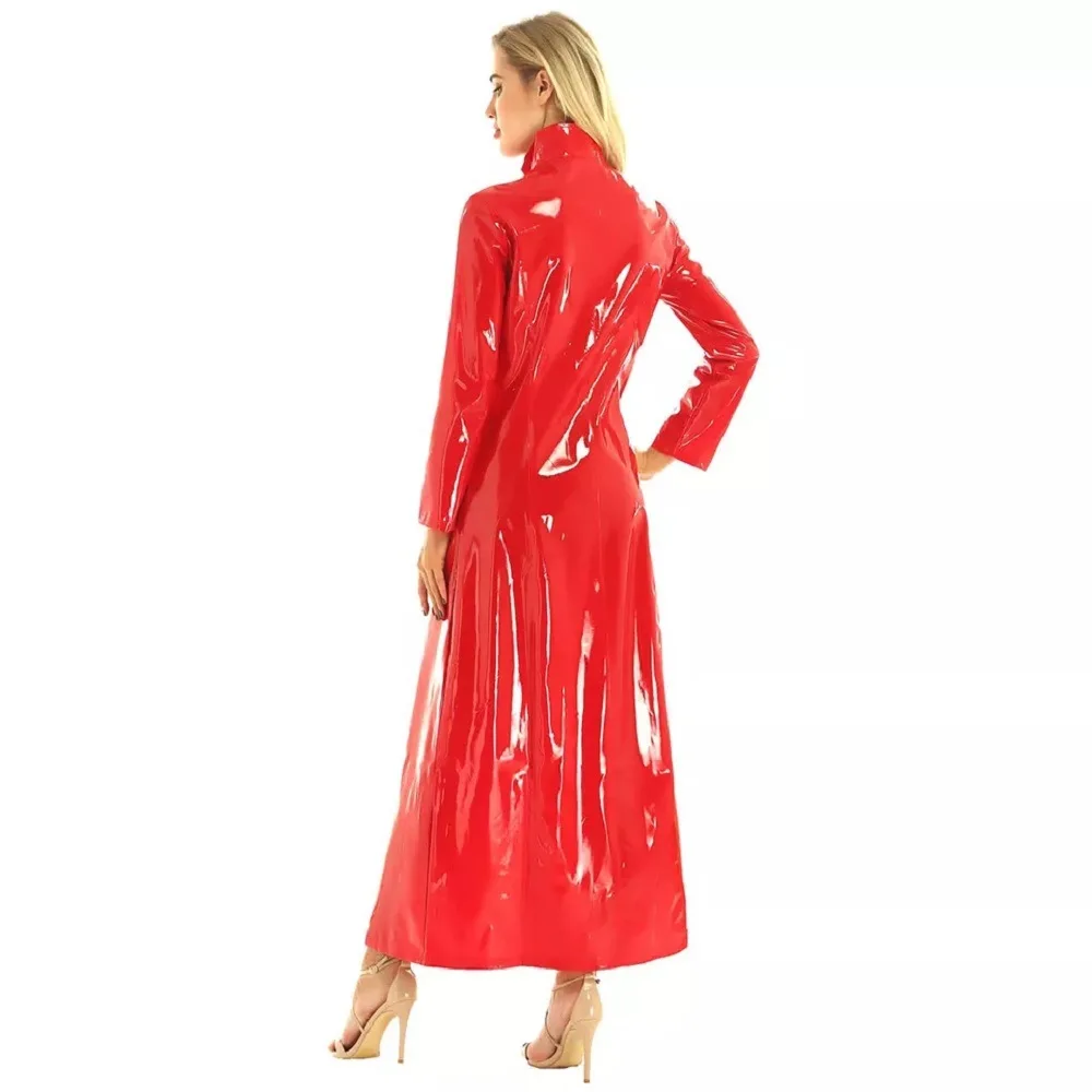 Customized Mirror Finish Patent Leather Super Bright Leather PU Red Skirt Sexy Women's Windbreaker Extra Long Jacket Jazz Pole