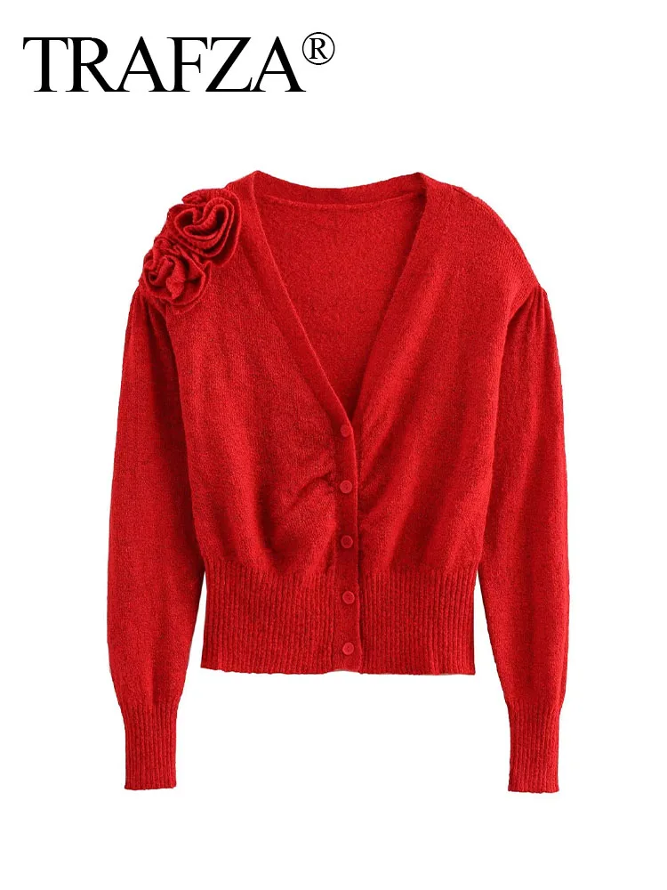 Trafza outono camisola casacos mulher na moda vermelho com decote em v mangas compridas apliques decorar único breasted cardigan feminino topo de malha