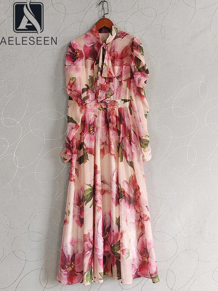 AELESEEN Fashion Designer Autumn Dress Women Full Puff Sleeve Pink Flower Sicilian Bow Elegant Long Party Holiday