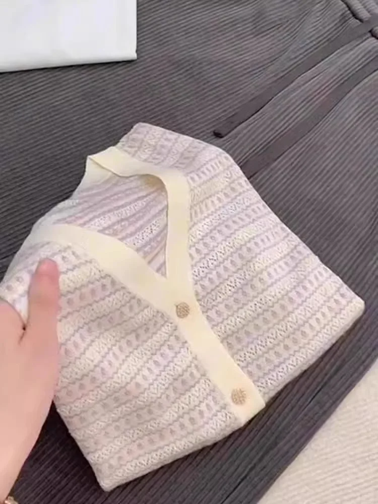 

Корейский вязаный кардиган из ледяного шелка с V-образным вырезом, на одной пуговице, летний, в стиле колор-блок, женский, свободного кроя, с длинными рукавами