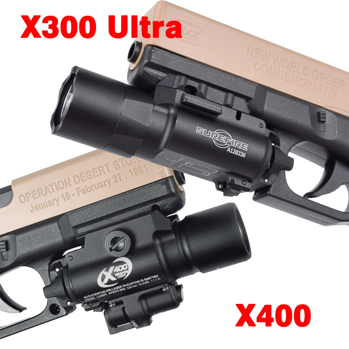 

Tactical Surefire SF X300 X400 Ultra X400V IR Scout Light Red Green Laser LED Weapons Flashlight Rifle Light GLOCK 20mm Rail