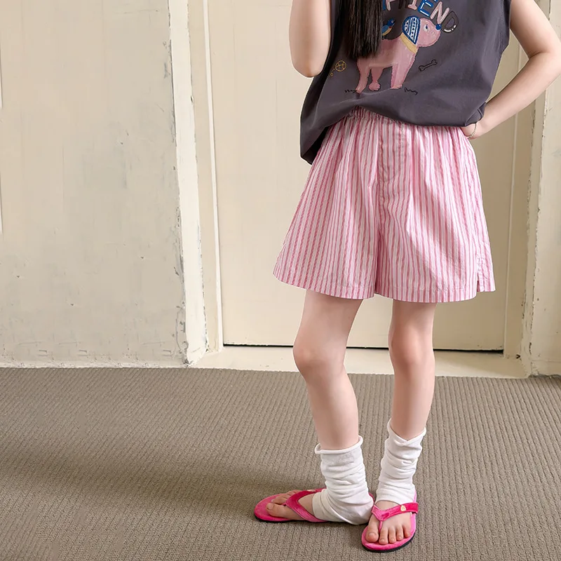 

Children Korean Sweet Girl Split Loose and Refreshing Washed Cotton Girlish Pink and White Striped Casual Shorts