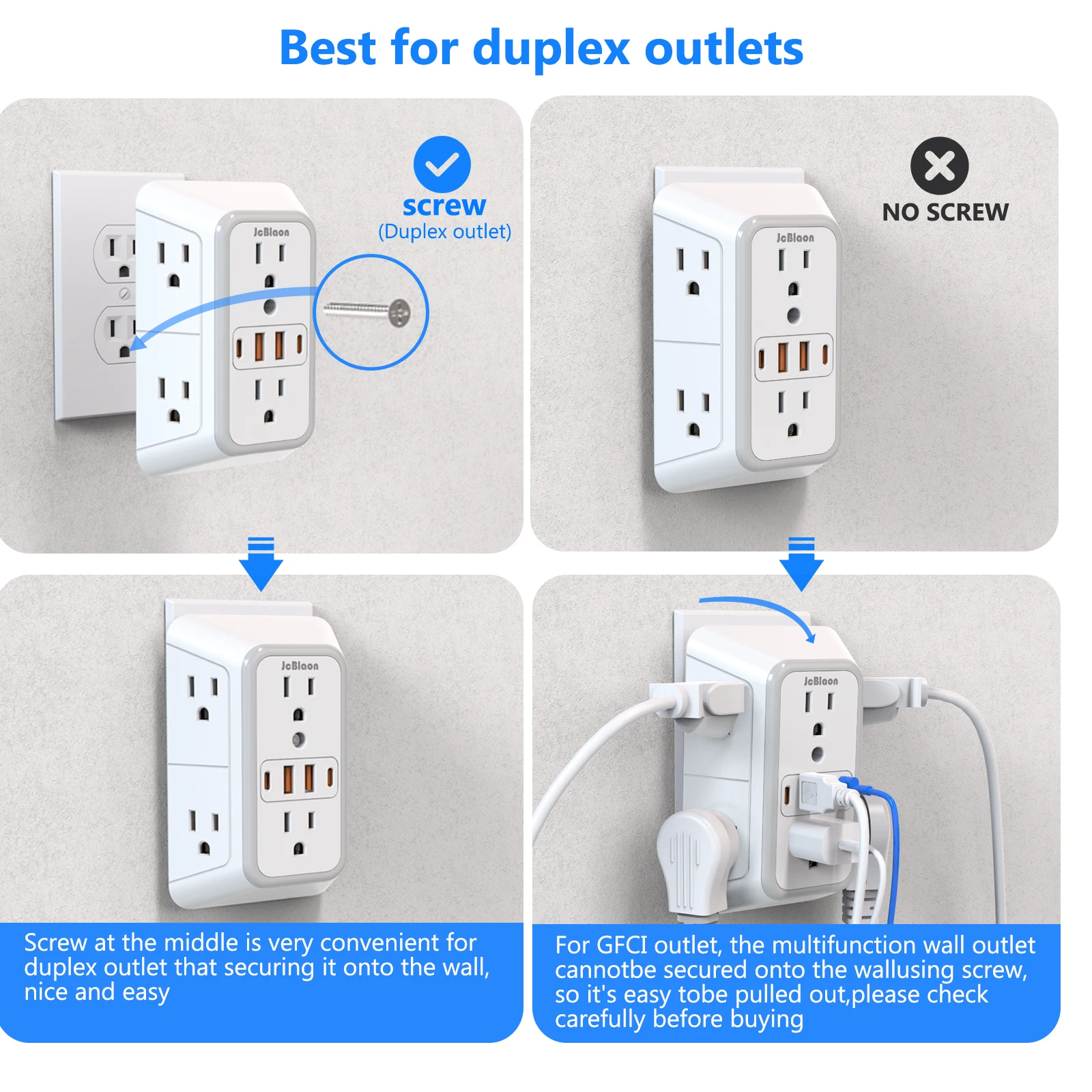 US Multi Socket Wall Socket with 6 AC Outlets 4 USB Port(2 Type C), Universal Plug Power Strip Network Filter Fast Charging